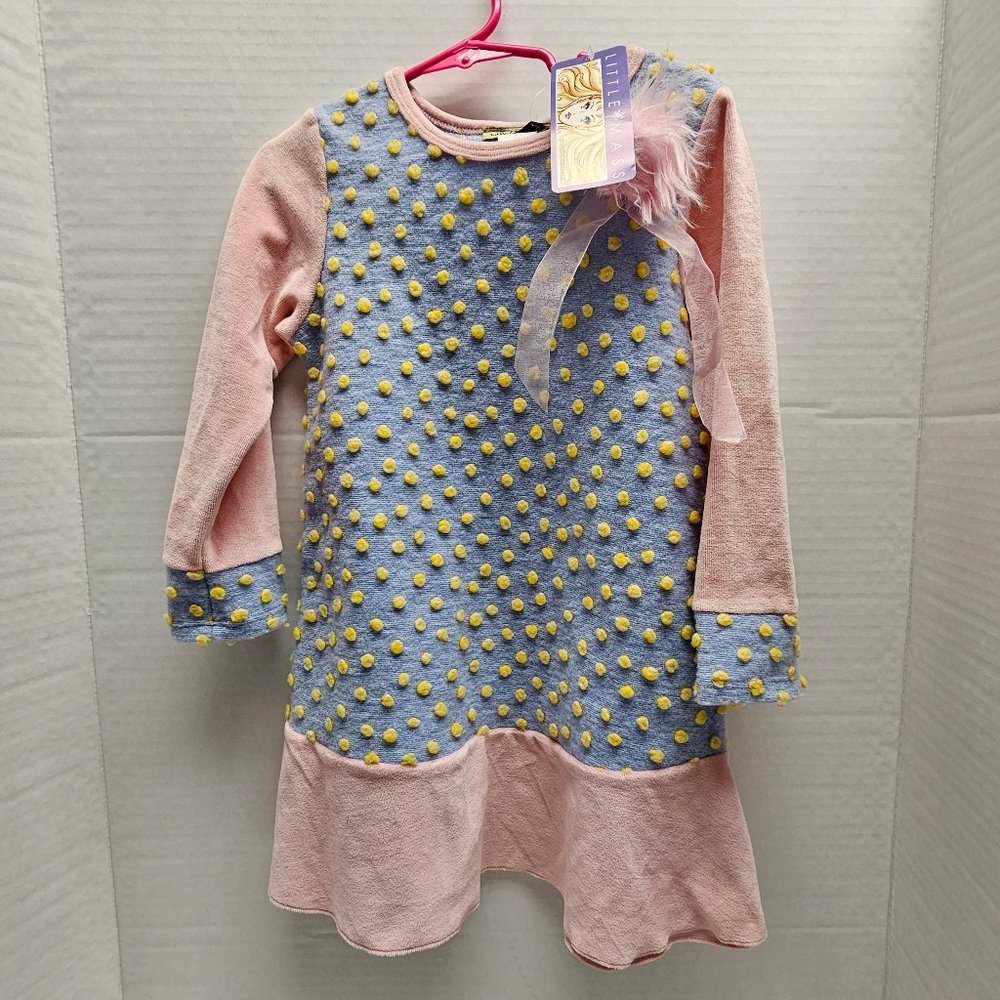 New Little Mass Girls Pink Blue Pom Poms 3D Applique Fur Bow Dress Made in USA